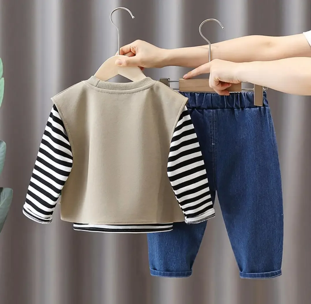 Outono casual bebê meninos conjuntos de roupas 12 a 24 meses crianças dos desenhos animados dinossauro colete + camisetas listradas + calças jeans 3 pçs roupas infantis