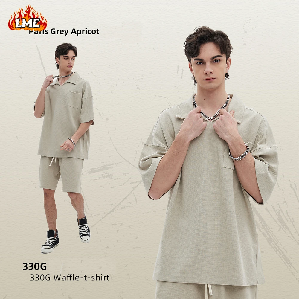 LME Custom Logo Breathable Waffle Knit Men's short-sleeved T-shirt Oversized Streetwear 330GSM Cotton Collar Lapel T Shirt