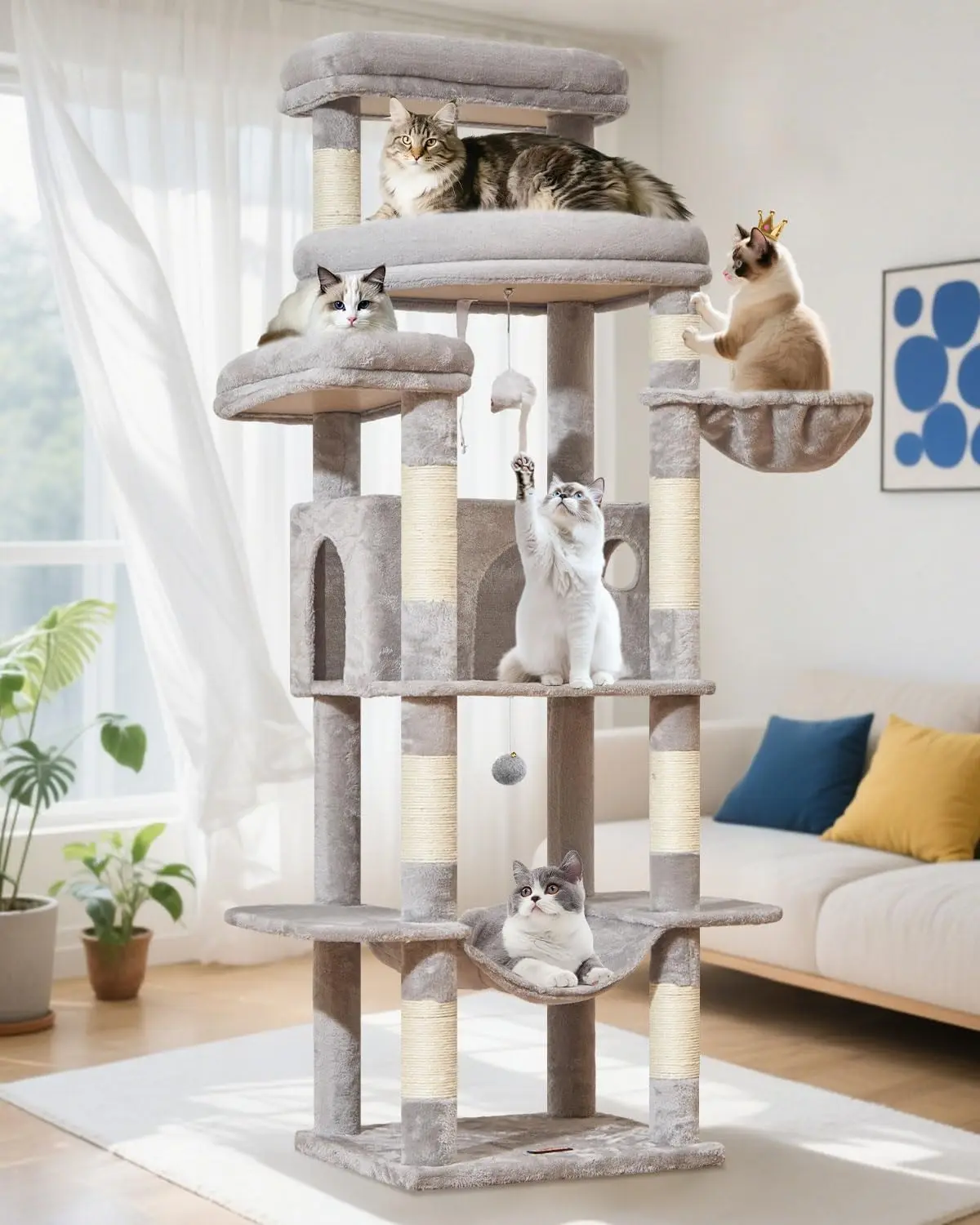 Indoor Cat Tree for Large Cats in Light Gray, Made of Durable Material, 3 Giant Perches, 9 Scratching Posts, Hammock & Basket