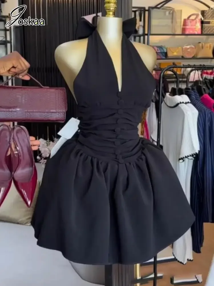 2025年夏 レディース エレガント プリーツ Vネック ブラックドレス セクシー ホルターネック リボン バックレス スキニー ミニドレス パーティー クラブウェア S-XXL
