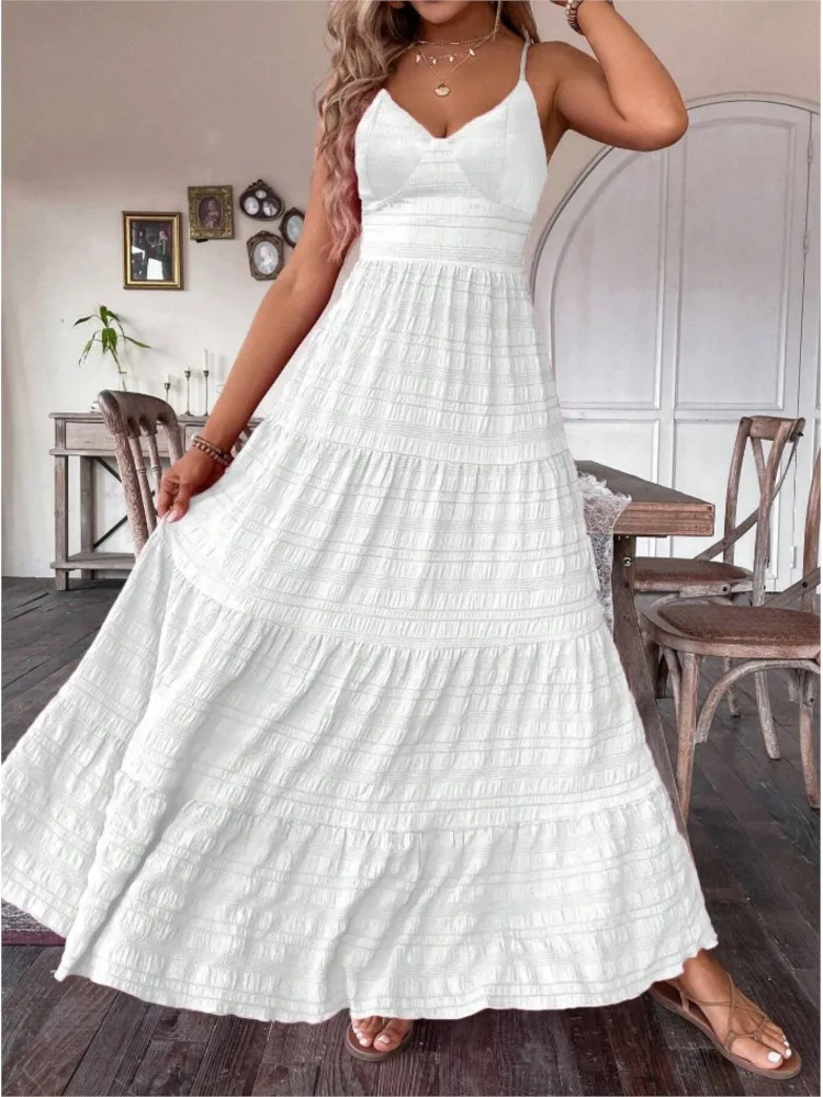 

2025 Summer New Solid Color Sexy Suspender V-neck Dress For Women's Big Hem Skirt Fashionable Personality Bow Tie-up Long Skirt