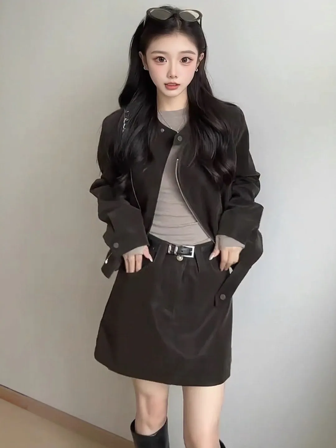 plus Size Women's Short Biker Style Jacket And Skirt Set High Waist Zipper Decorated Fashionable Autumn Outfit for plus Size