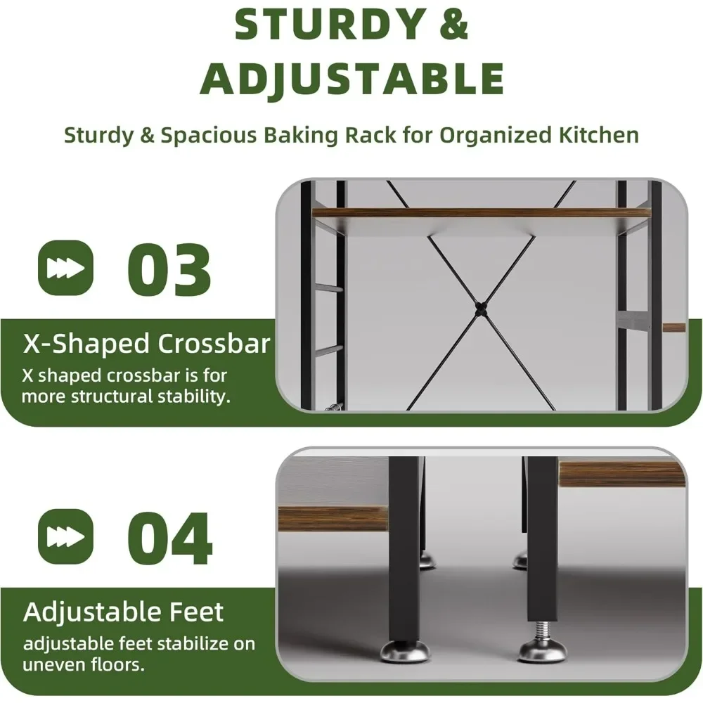 Baker’s Rack, Microwave Oven Stand with Bamboo Frame, 35.43 Coffee Bar with Wire Basket & 6 Hooks, 3-Tier Kitchen Storage Shelf