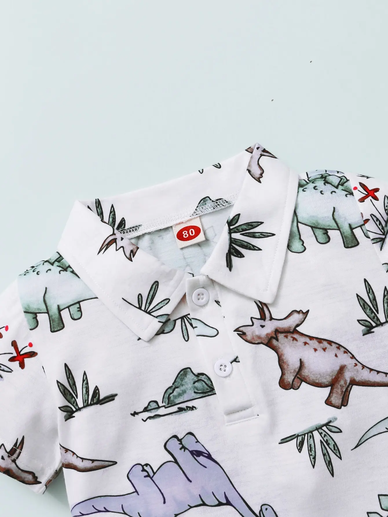 Baby Boys Summer Casual Lapel Short-Sleeved Top Cartoon Dinosaur Print T-Shirt Elasticated Waist Army Green Pants All-Match Suit