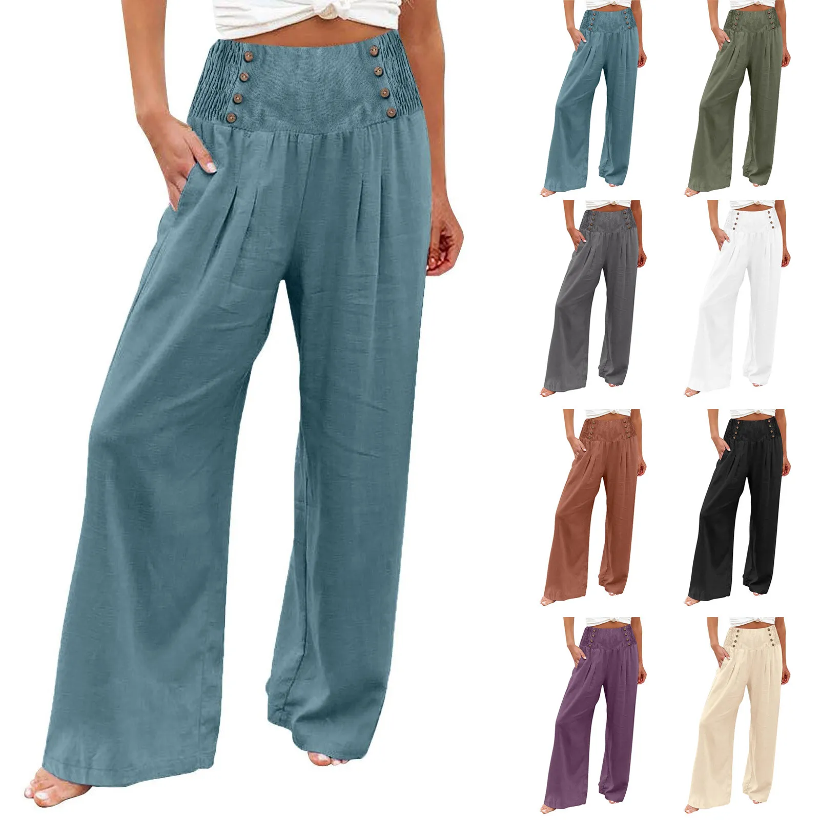 

Women's Pants Summer Cotton Linen Wide Leg Pants Full Length Casual Solid Loose High Waist Straight Trousers Women Button Pants