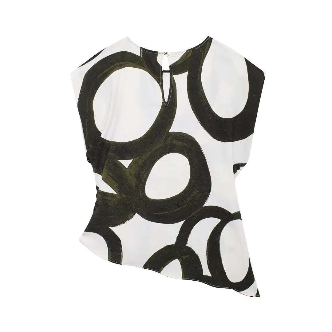 بلوزة نسائية أنيقة بنمط الشارع مطبوعة بتصميم مزدوج الصدر من ألياف البوليستر برقبة مستديرة وطول عادي ونقش هندسي #3