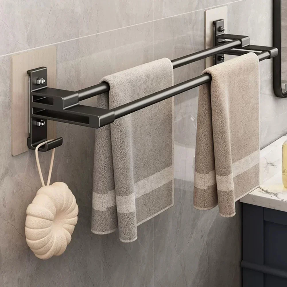 Space Aluminum Bathroom Towel rack Without Drilling Self-adhesive Double rod Towel Bar Shower Towel Holder Bathroom Organizer