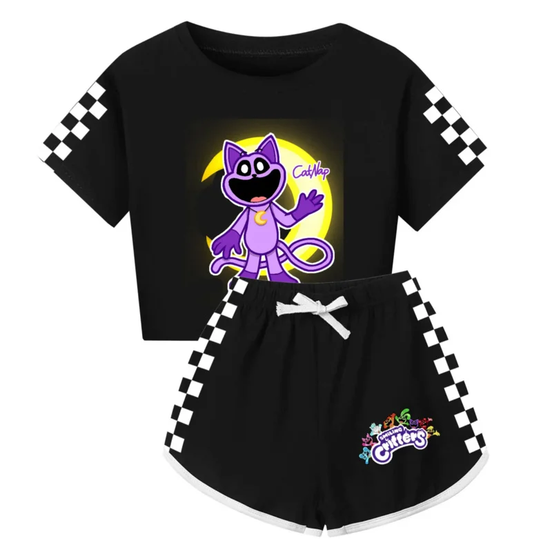 Smiling Critters Cat Black Pajamas Set Summer Children Catnap Dogday Half Body Short Sleeved Sleepwear Pyjama Cartoon Baby Suit