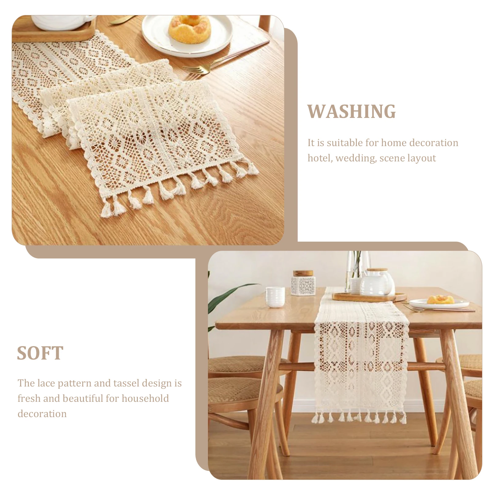 

Crochet Tablecloth Decorative Runner Lace Pattern Tasseled Cover Cotton Polyester Blend Hollowed Design Valentine Party Wedding