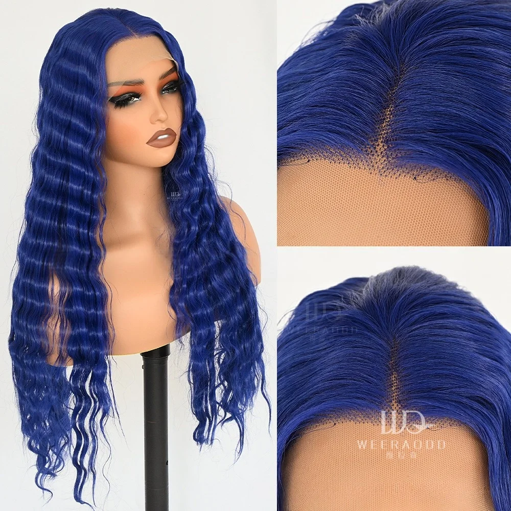 28 Inch Royal Blue Afro Kinky Curly Wig 13x4 Lace Front Glueless Synthetic Hair 150% Density Heat Resistant Party Cosplay Wear