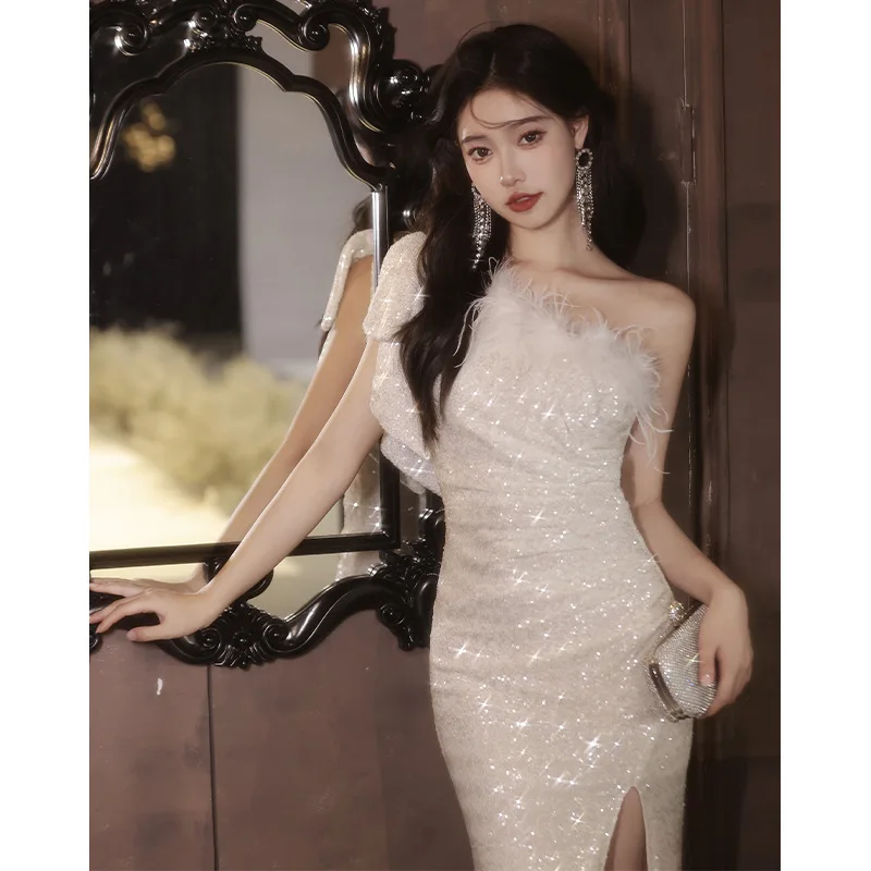 White Annual Party Evening Dress Women's High-Grade Spring and Autumn Host Fishtail Skirt Light Luxury Minority High-End