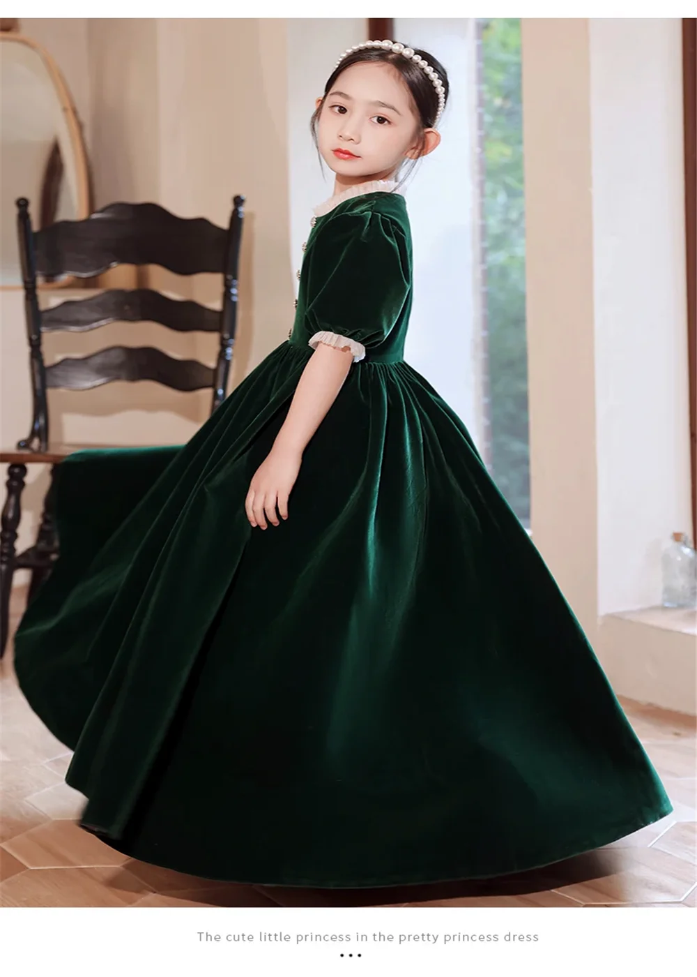 Cute Green Flower Girl Dress Velvet Half Sleeve Princess for Weddings Pageant Prom Kids Birthday GIFT First Communion Gowns