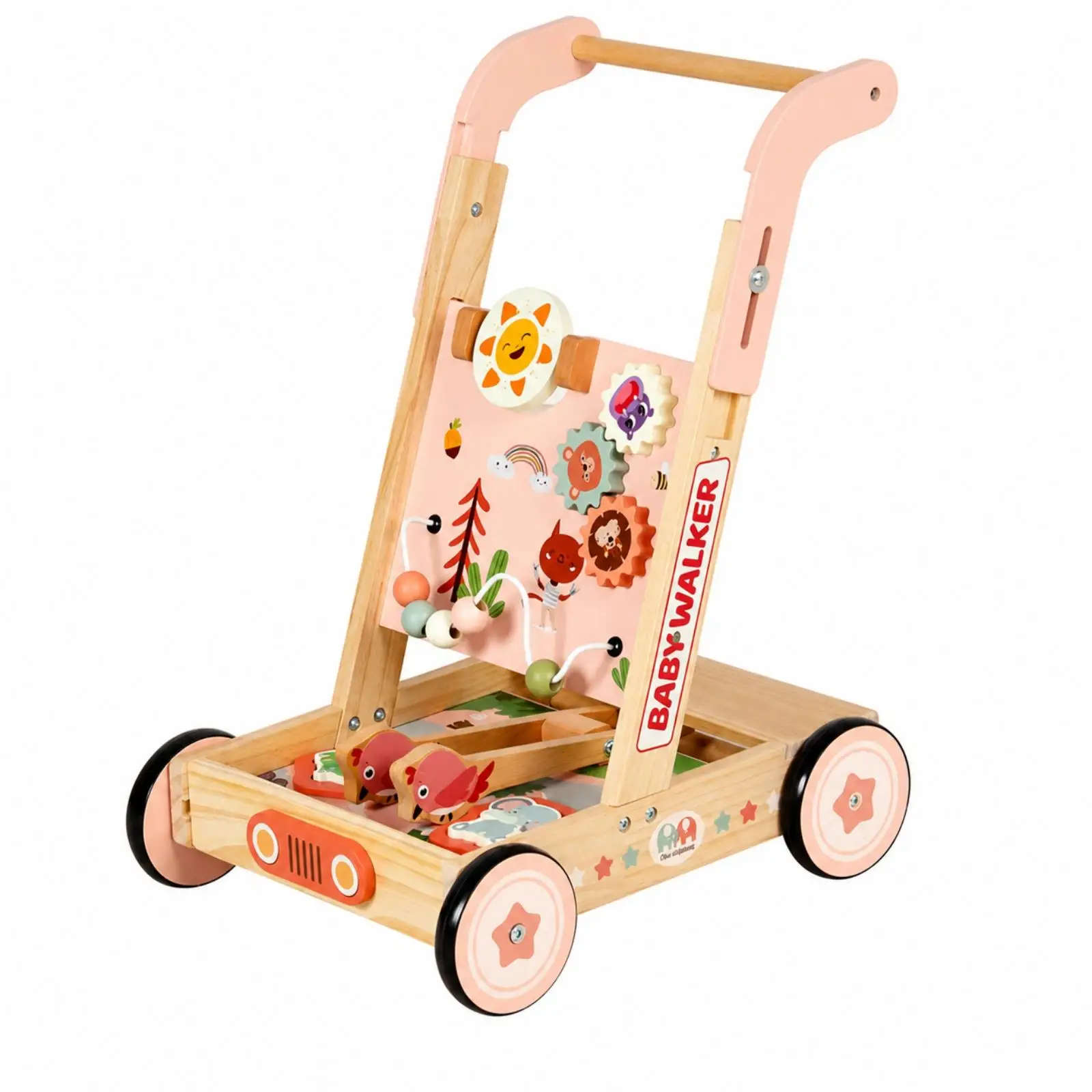 Kids Toy Wooden Baby Walker Push Cart for Boys Girls First Steps with Playful Side Panels