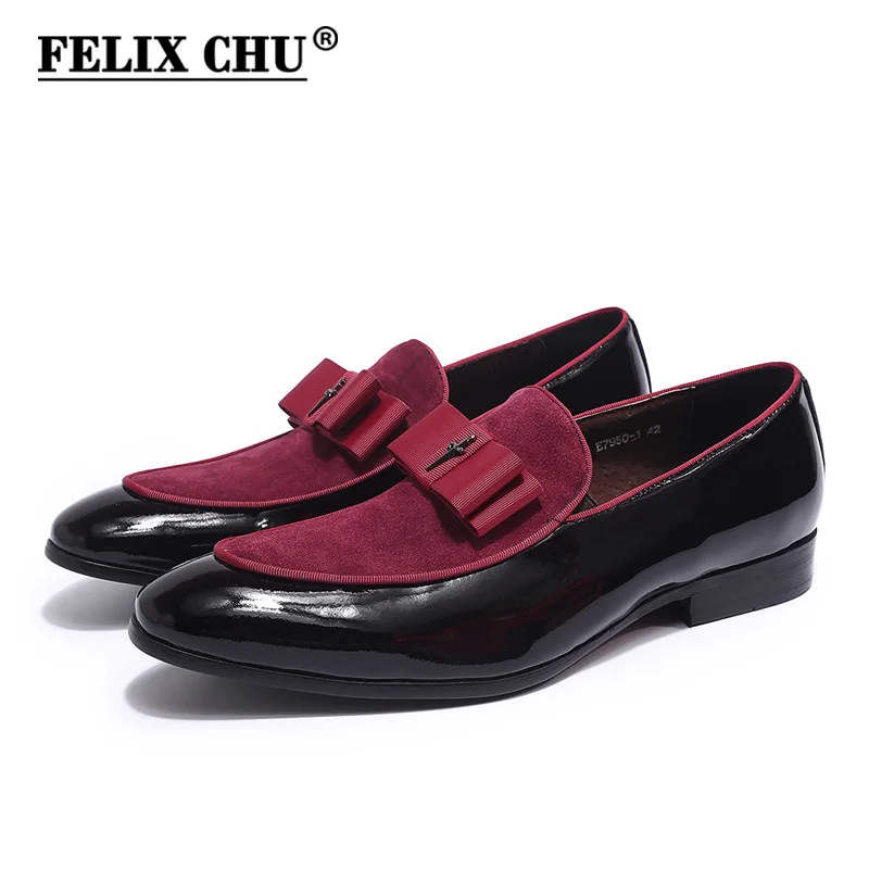 Luxury Mens Loafer Shoes Patent Leather With Suede Slip-On Shoes With Bowtie Party Wedding Banquet Dress Shoes for Men