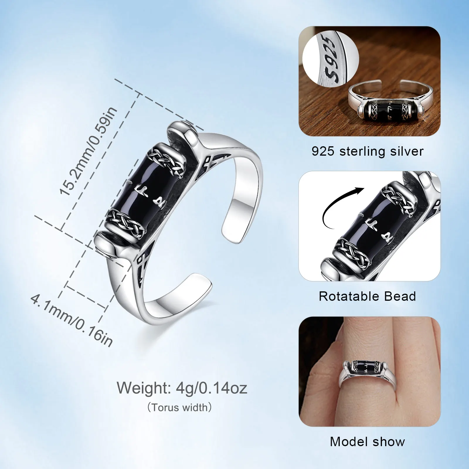 Eudora 925 Sterling Silver Viking Rune Anxiety Ring Obsidian Spinner Adjustable Ring Anti Stress Meditation Jewelry Gift for Men view 2