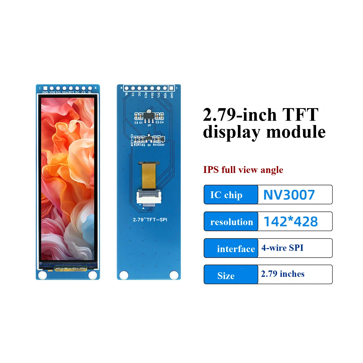 2.79-inch TFT LCD screen NV3007 small screen 142x428 module 8-pin LCD color screen SPI