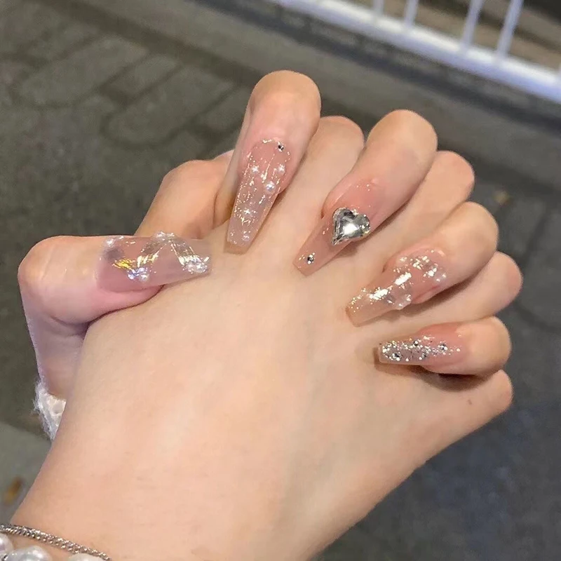 Uñas postizas hechas a mano con corazón brillante, manicura japonesa, usable, Artificial con diseños, prensa en cubierta completa, uñas profesionales