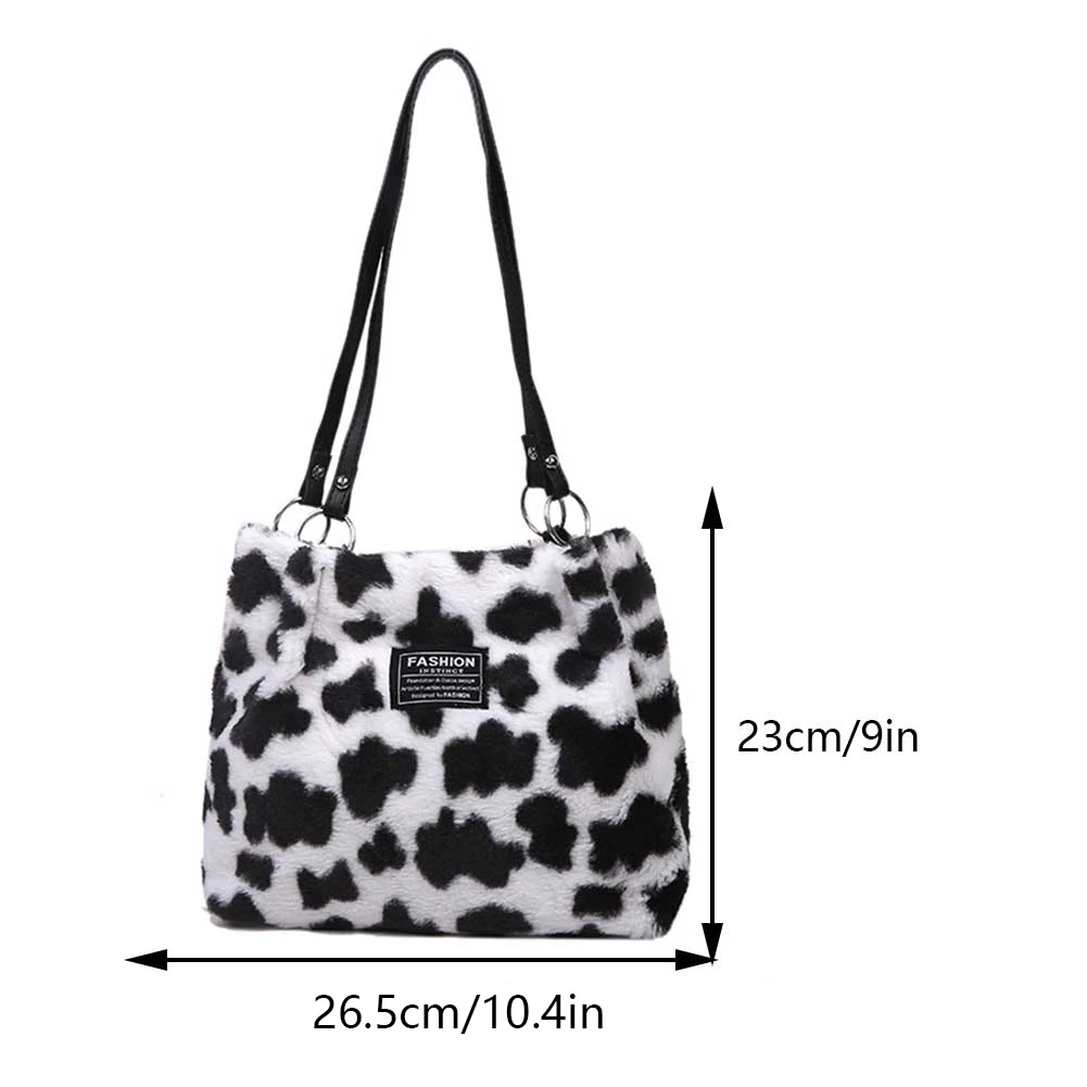 Women Faux Fur Handbag Versatile Furry Shoulder Bag Zebra/Cow Pattern Fluffy Satchel Bag Plush Tote Bag Commuting Bag Hobo Bag