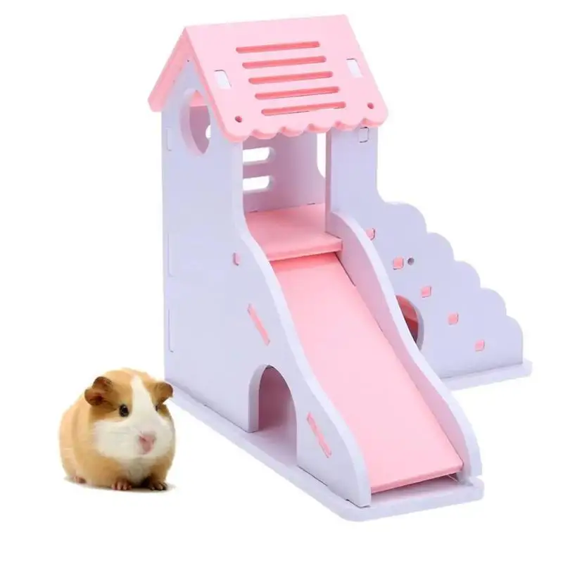 DIY Wooden Hamster House Colorful Mini Castle Villa With Double Stairs Small Pet Hideout Toy For Hamsters Gerbils Mice