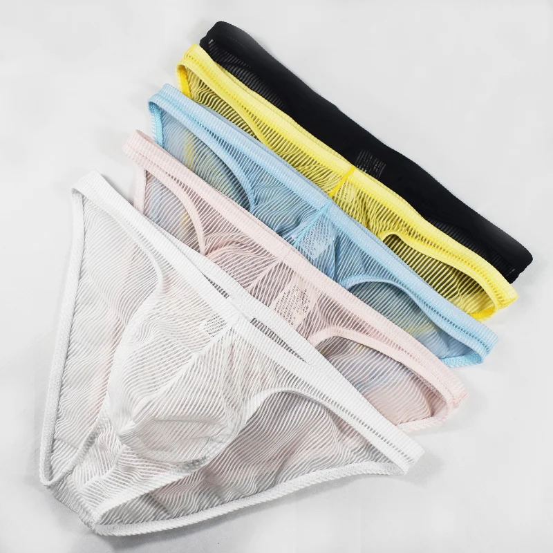 Men Sexy Lingerie Briefs Low Rise Mesh Stripe Panties See-Through Bikini Underwear U Convex Underpants Translucent String Homme