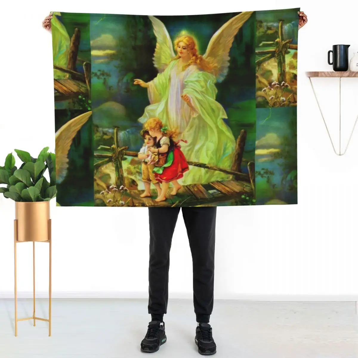 

Guardian Angel and Children on the Bridge Vintage Catholic Throw Blanket Warm Flannel Blanket for Couch Chair Bedroom