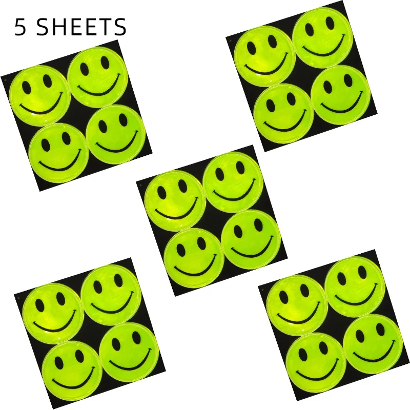 5 Sheets Reflective Sticker Bag Backpack Sticker Smile Face Sticker Motorbike Bicycle Decoration Decal Fluorescent Yellow Green