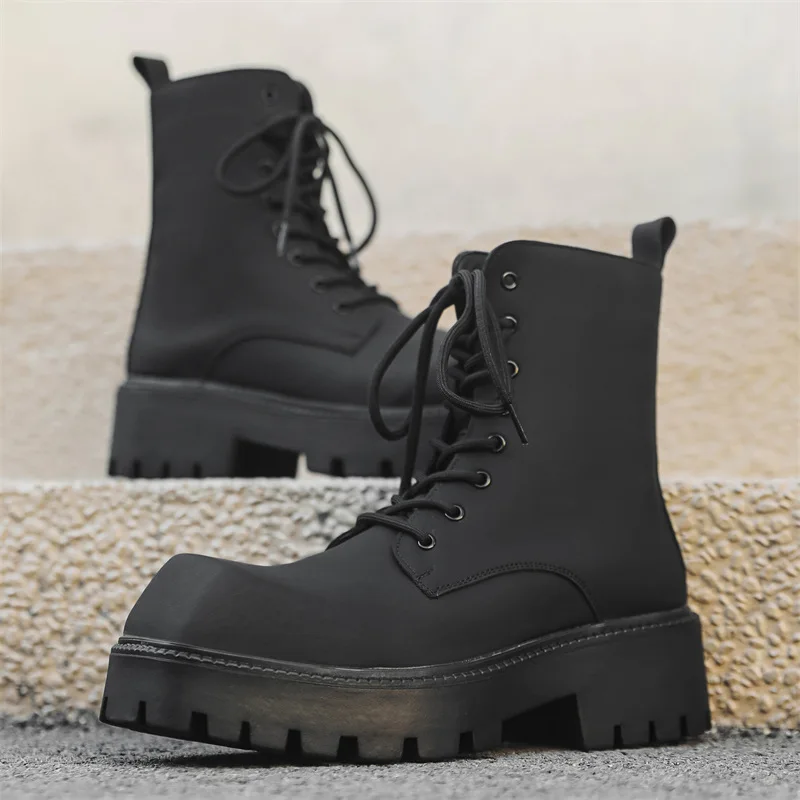 men's fashion punk stage dress platform boots lace-up square toe shoes cowboy genuine leather boot cool high motorcycle botas