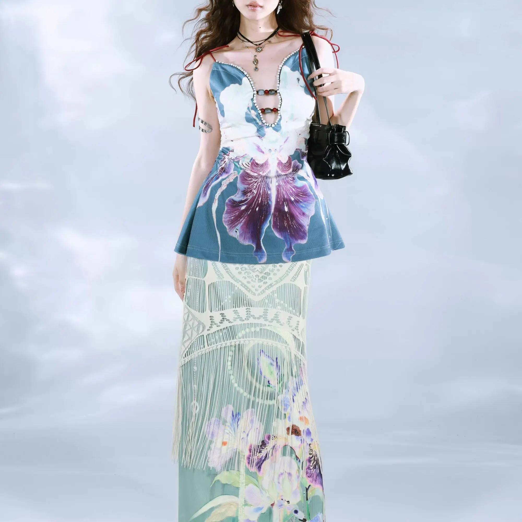 Saia maxi com estampa botânica, bainha com franjas, duas camadas, estética folclórica floral, y2k, verão, boho, vintage, midi