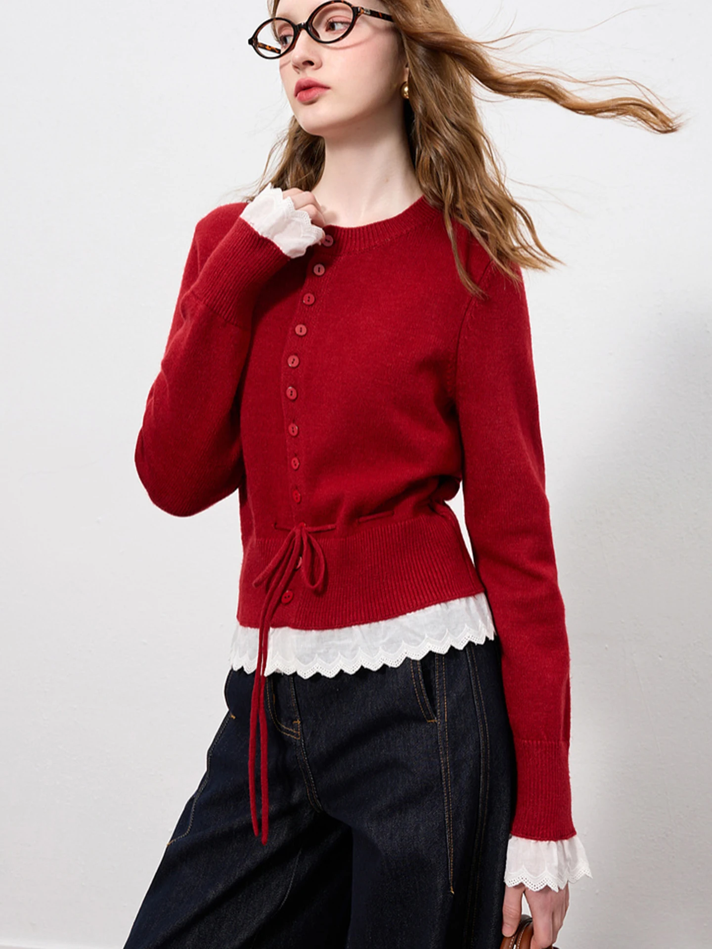 Ele Long Sve Strickjacke Pullover Oberbekleidung rund Ne Spitze Patchwork Abnehmen Trendy Herbst Faion Poem Art Lin