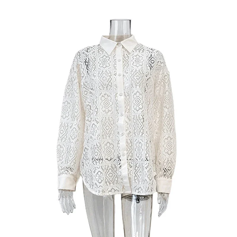 TARUXY Retro Lace Hollow Shirt Office Woman Long Sleeve Top Loose Sexy See Through Lapel Button Shirt Female Fashion 2024 Fall