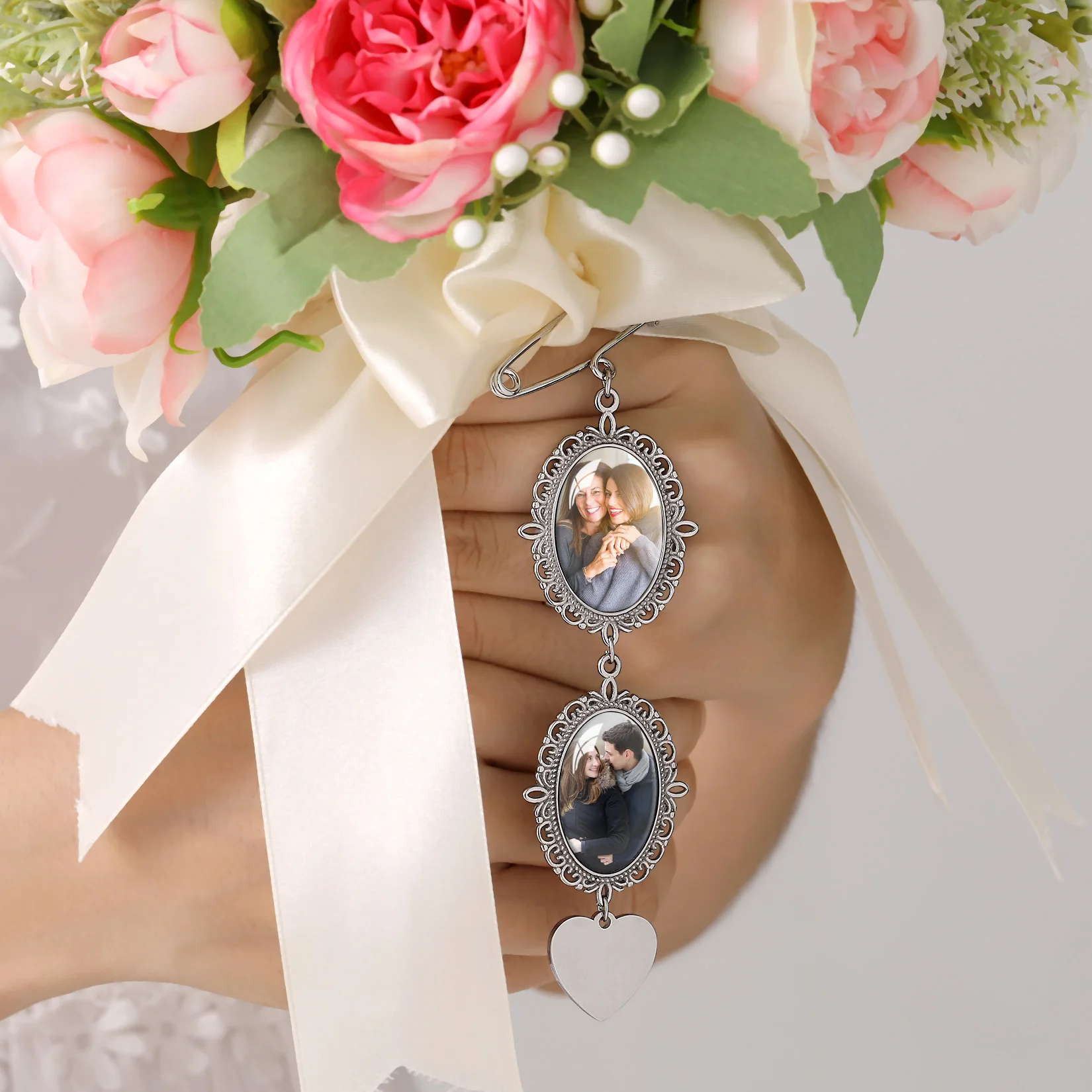 U7 مخصص الزفاف البيضاوي باقة صور سحر الفولاذ المقاوم للصدأ مقاوم للماء 1-4 صورة تذكارية دبوس بروش جنازة دبوس مجوهرات هدية