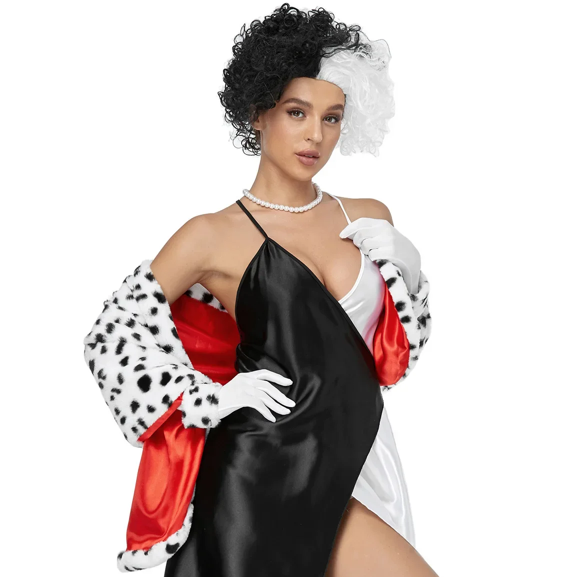 Halloween Spotted Dog Leopard Print Shawl Cruella Scarf Cape Black and White Witch Cape Wig