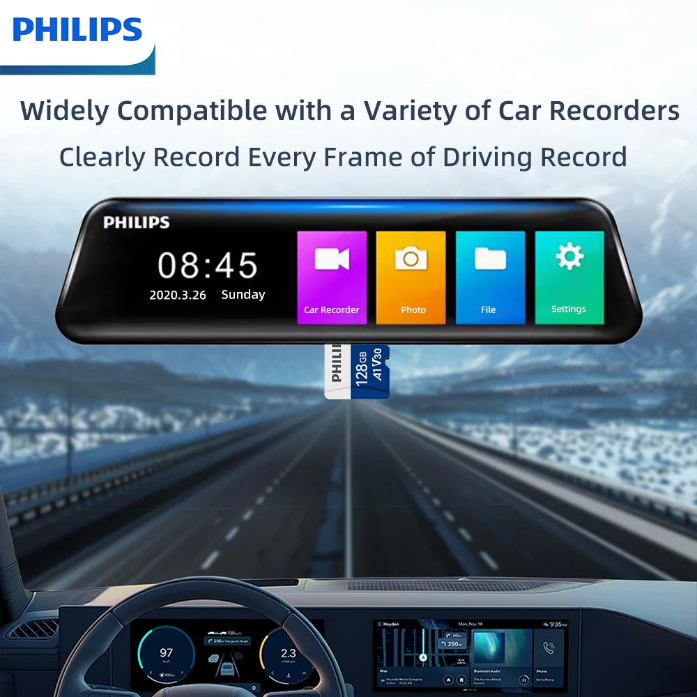 กล้องตรวจการณ์การ์ดความจำโทรศัพท์มือถือความจุสูง128GB บัตร TF Philips ตัวบันทึกในรถยนต์การ์ด SD V30การ์ดความจำความเร็วสูง