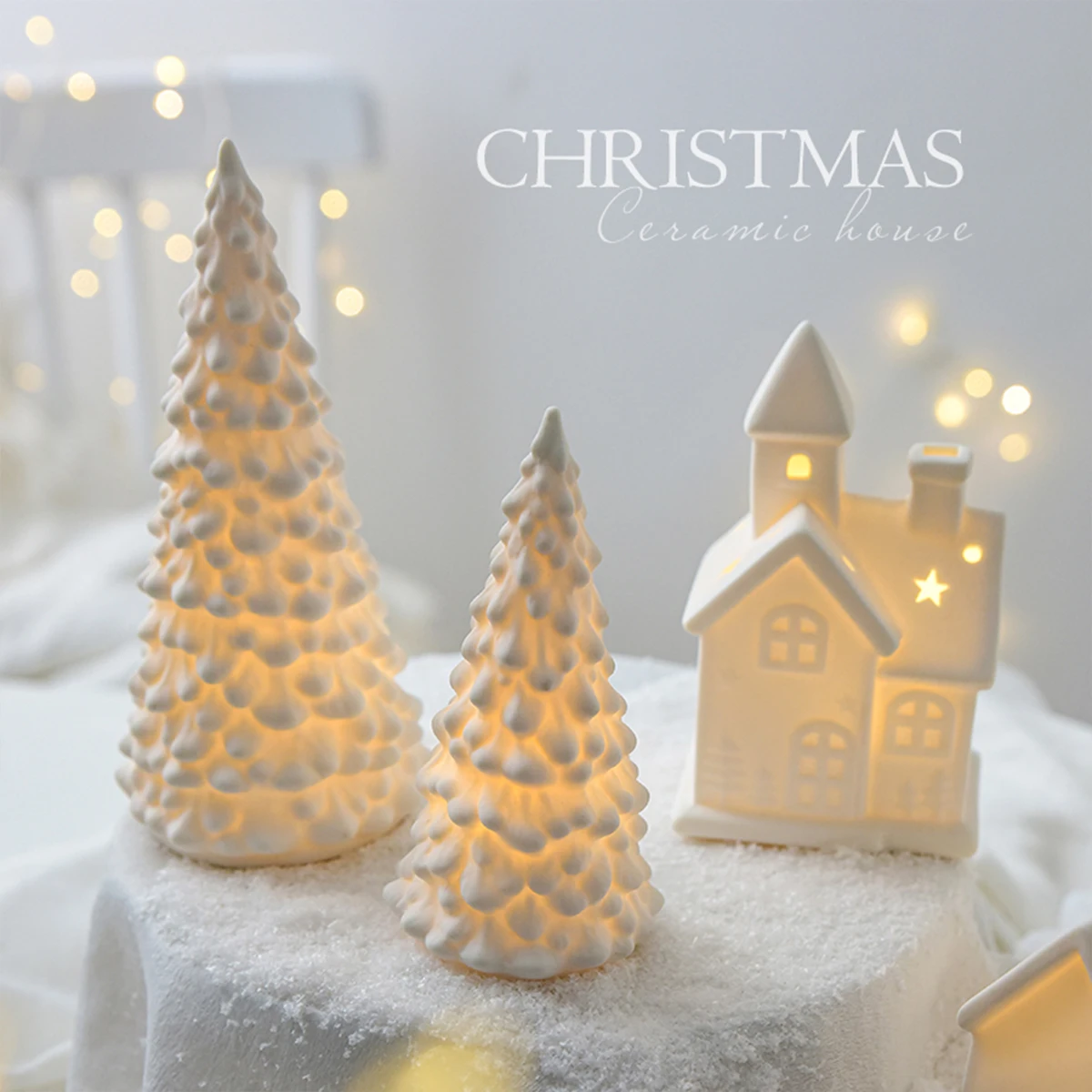 Christmas Ceramic House Desktop Decoration Glowing Christmas Snowhouse Snowman Christmas Tree Decoration