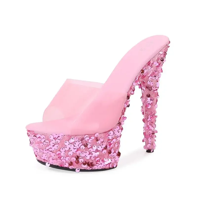 Summer Peep Toe PVC Transparent Sandals Women Slippers Sequined Platform Stilettos 15cm Thin Heels Female Nightclub Sexy Shoes