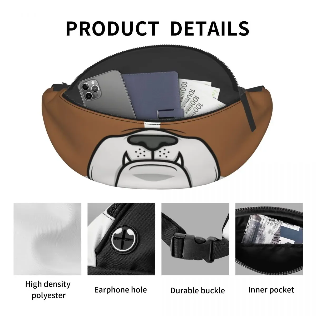 Casual British English Bulldog Dog Face Nose Fanny Pack Women Men Frenchies Crossbody Waist Bag for Hiking Phone Money Pouch