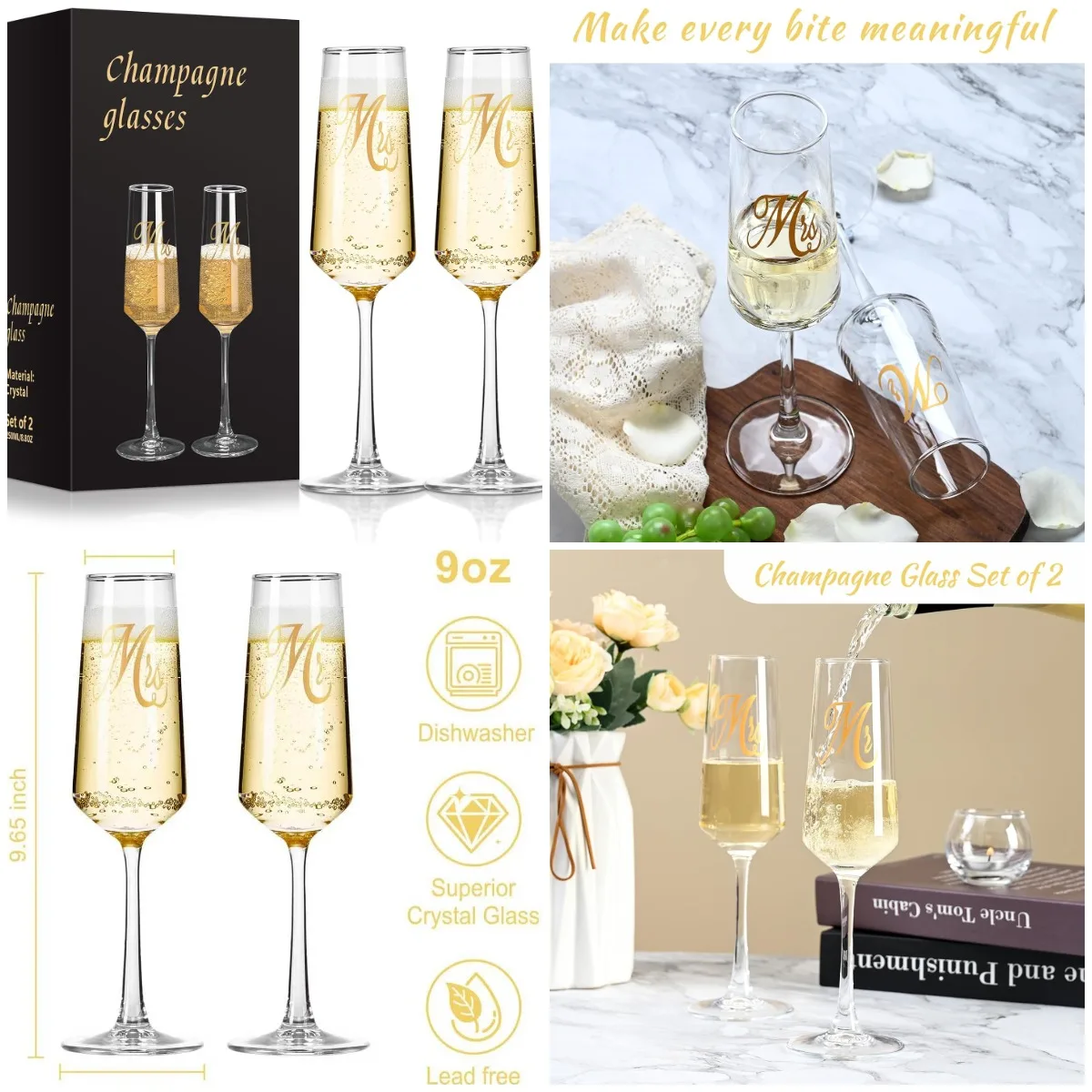 

Mr and Mrs Champagne Flutes, 9 oz Set of 2, Wedding Gift, Dishwasher Safe