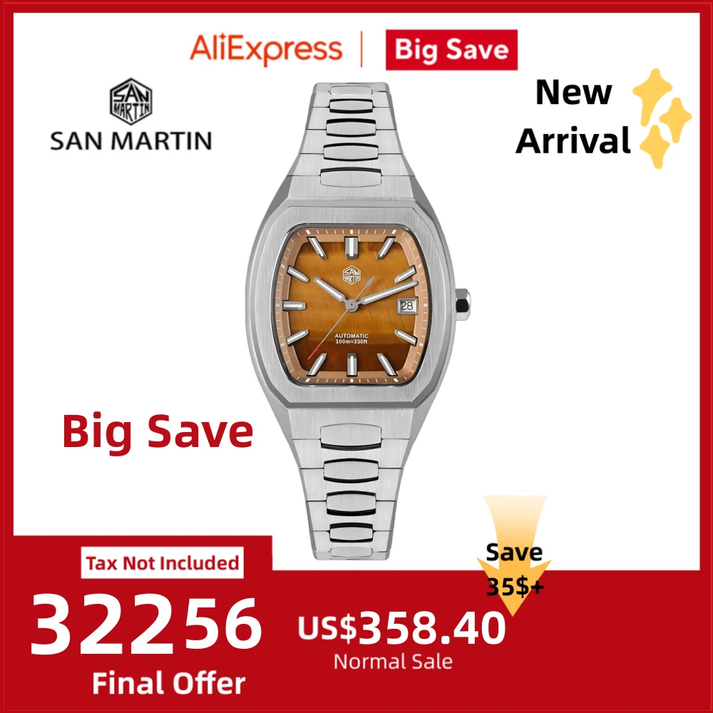 

San Martin 39.5mm Barrel Shaped Gemstone Dial PT5000 SW200 Men Watch Mechanical Self-Wind 3H Date Dress BGW-X1 10Bar Swim SN0145