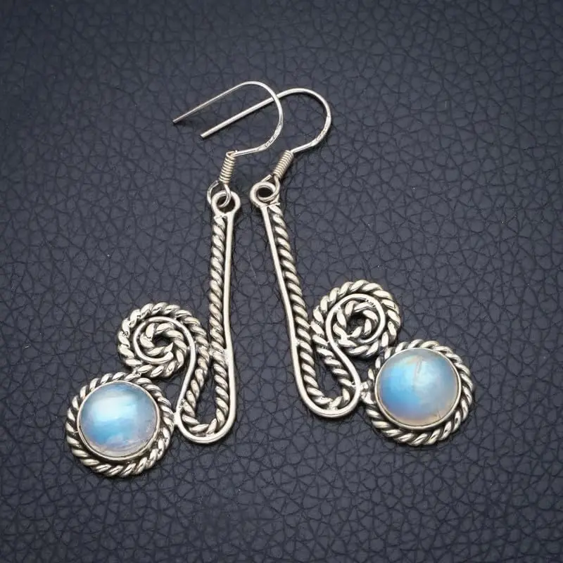 StarGems Natural Rainbow Moonstone Handmade 925 Sterling Silver Earrings 2 1/4