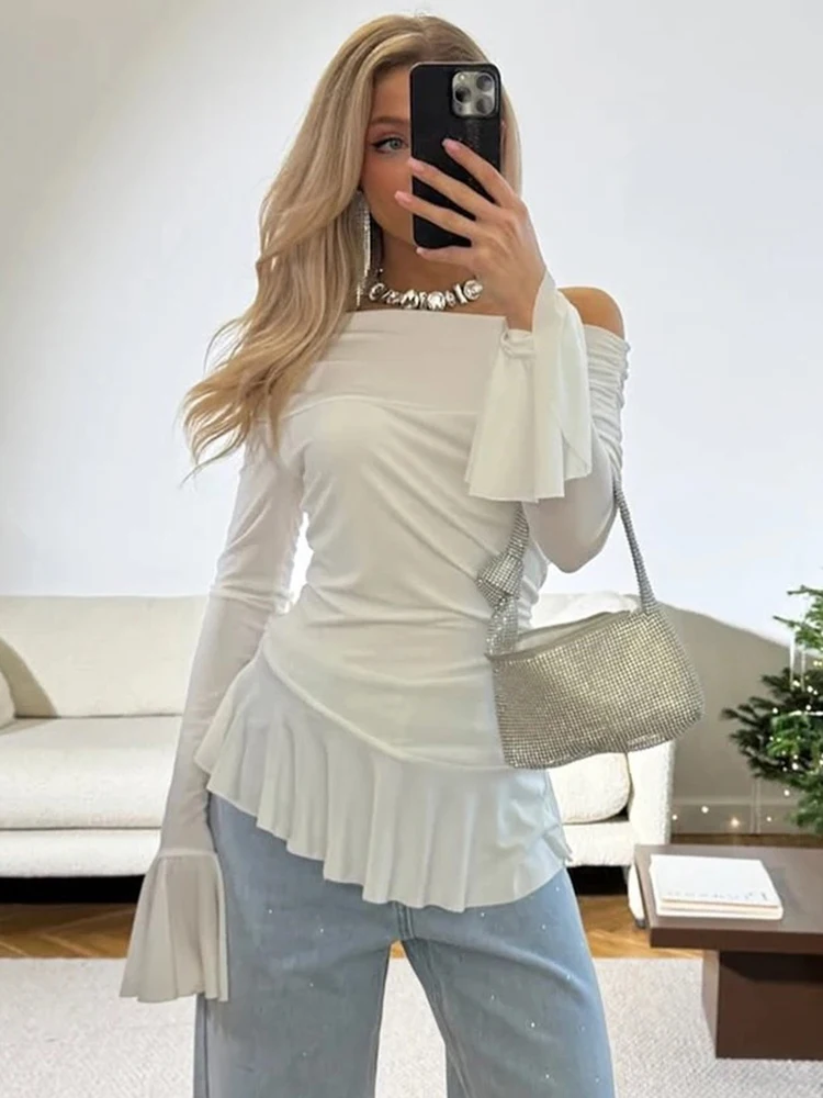 Sibybo Off Shoulder Flare Long Sleeve T-Shirts Women 2025 Fashion Ruffles Slash Neck Basics Solid Color Slim Top Tees Streetwear