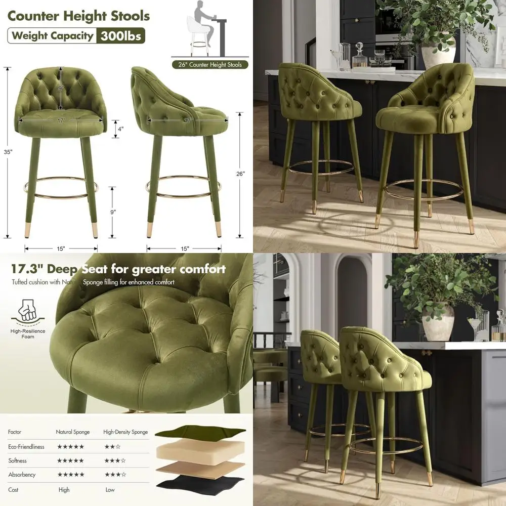 

26" Green Bar Stools Set of 2, Upholstered Velvet Counter Height Bar Stool with Wood Legs, Botton Tufted Barstools, Mid Century