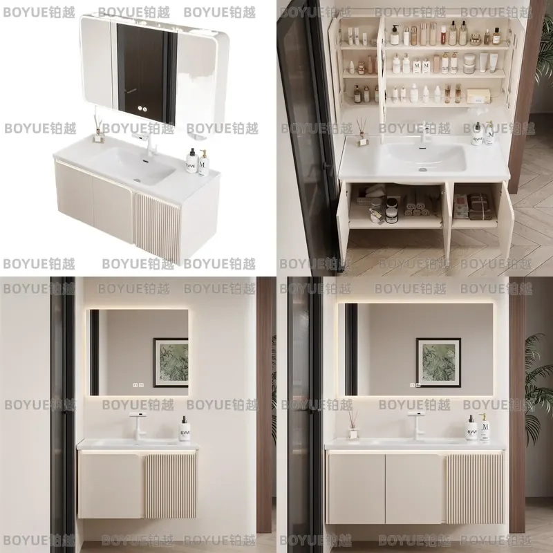Cream Style Honeycomb Aluminum Bathroom Vanity with Mirror Cabinet and Ceramic Integrated Basin Wall Mounted Storage