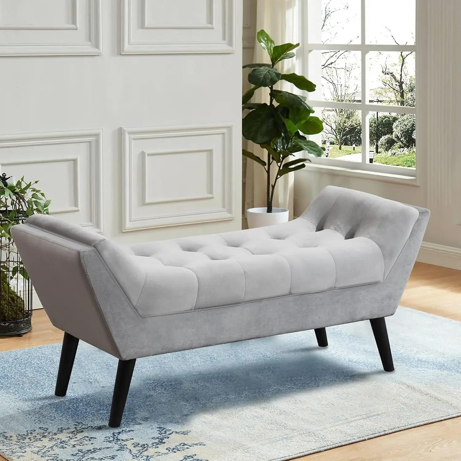 Tufted Bed Bench Fabric Ottoman Footstools for Bed Room -Gray