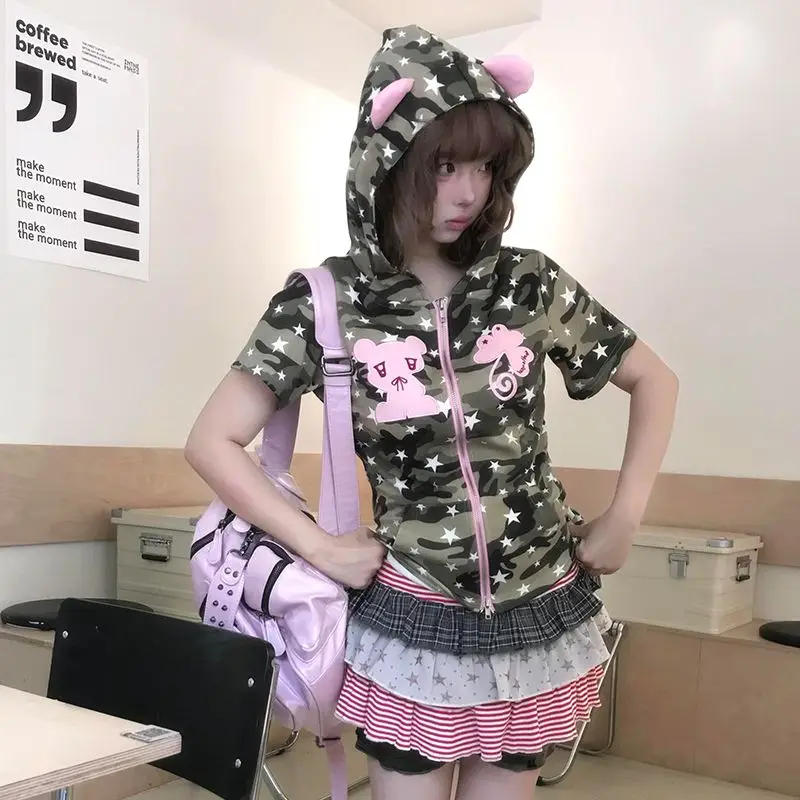 Y2K Harajuku Streetwear Star Bear Embroidery Camo Hoodie T-Shirt Women Japanese Aesthetic Cute Grunge Summer Subculture Tops New