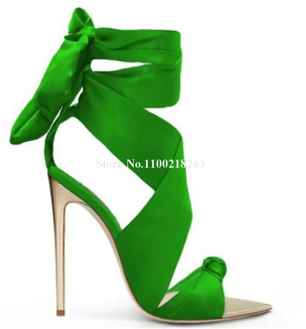 Sexy Pink Green Purple Satin Patchwork Stiletto Heel Sandals Lace-up Bowties Pointed Open Toe Stiletto Heel Ankle Straps Heels