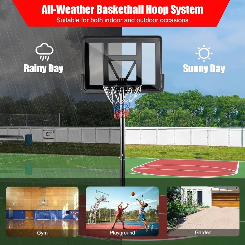 طوق كرة سلة محمول من GYMAX للاستخدام الخارجي، هدف كرة سلة قابل للتعديل بارتفاع 10 أقدام مع لوحة خلفية مقاومة للكسر وعجلات مدمجة