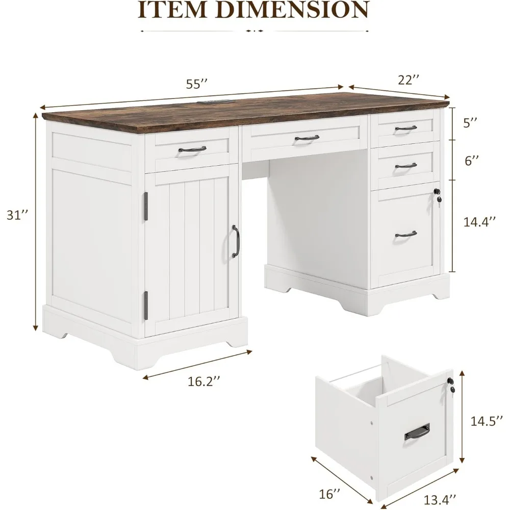 55'' Farmhouse Executive Desk, Home Office Desk with Drawers, Wood Computert File Cabinet and Power Outlets, White