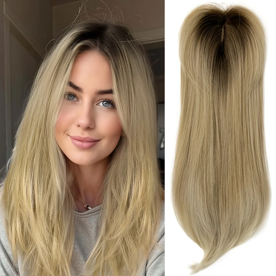 Elegant 22-inch straight synthetic wig block for women, high-heat fiber, light brown to black gradient, mid-life curly hair, eas image 6