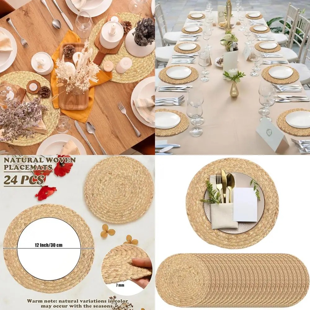 

24-Pack 12 Natural Water Hyacinth Woven Placemats, Handcrafted Boho Rattan Table Mats for Home Dining