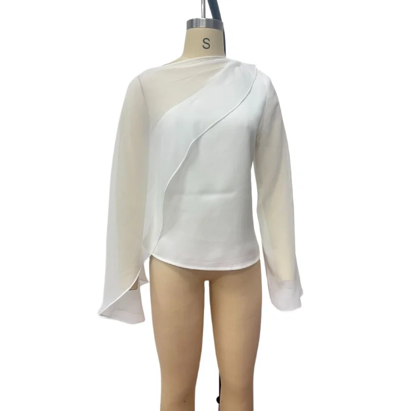 European American Women's Clothing New Chiffon Shirt Irregular Shawl Long-sleeved Shirt Slim-fitting Sexy Top Women's Wholesale